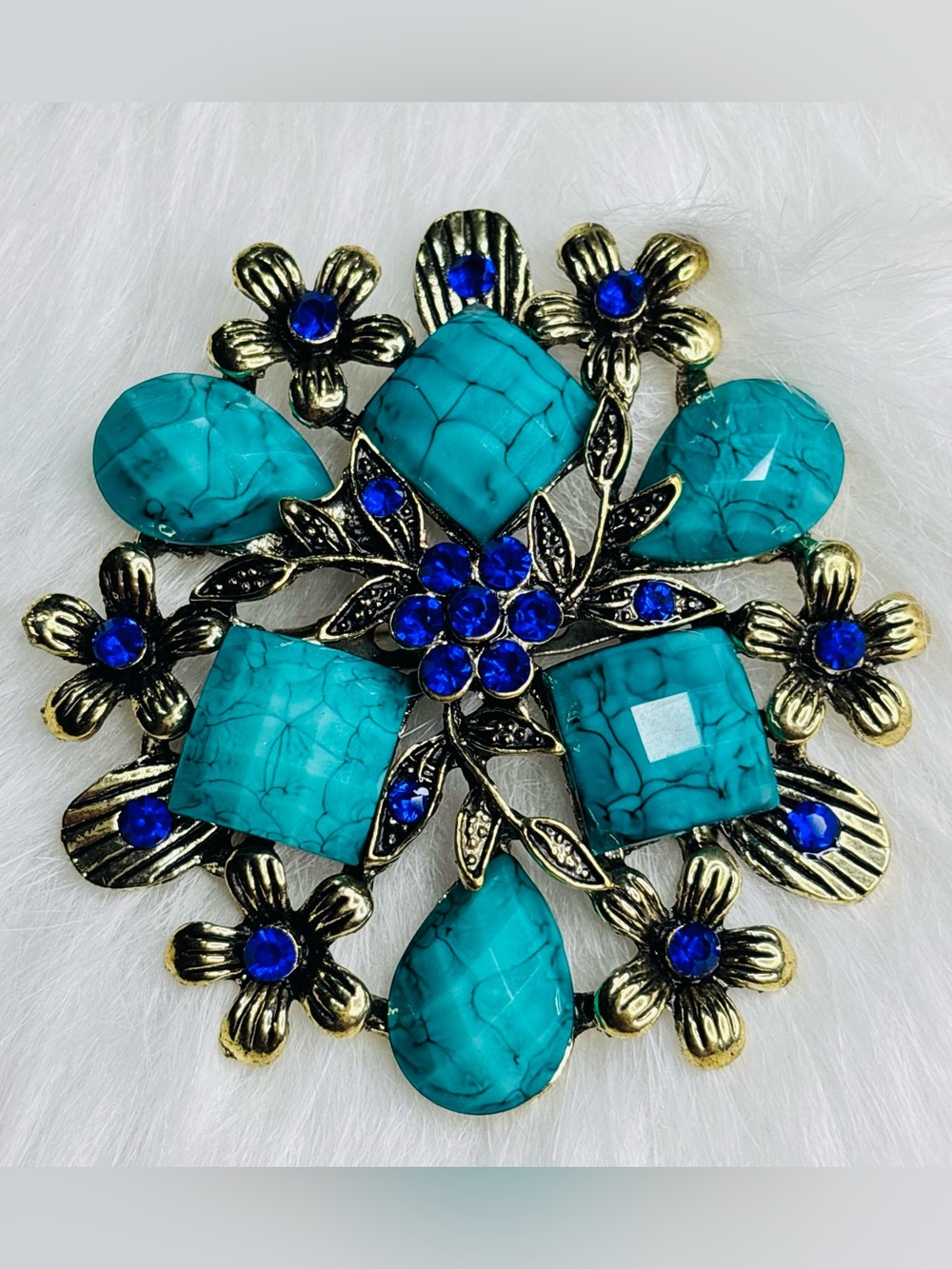 Large Turquoise Colored Blue Stone Floral Statement Brooch – Antiqued Gold Tone